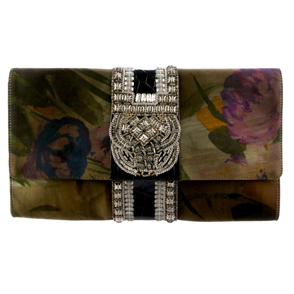 Beyond stunning Dries Van Noten embellished satin leather floral bag.